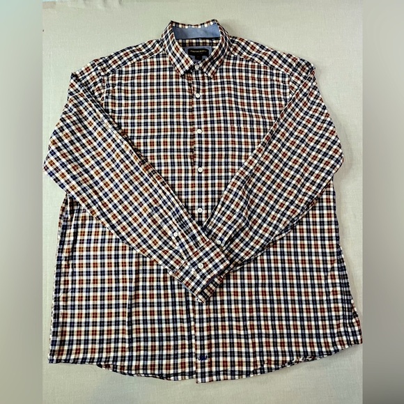 Johnston Murphy Tailored Fit Sz XXL Orange Blue Brown Check Button Up Shirt - Picture 1 of 12
